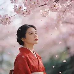 Seedream v4.5 — A Japanese woman in a red kimono standing under ch