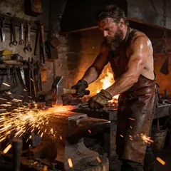 Seedream v4.5 — A bearded blacksmith in a dark workshop, sparks fl