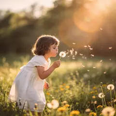 Seedream v4.5 — A child blowing dandelion seeds in a sunlit meadow