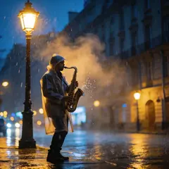 Seedream v4.5 — A street musician playing saxophone under a lamppo
