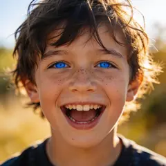 Seedream v4.5 — A freckled boy with bright blue eyes and messy hai