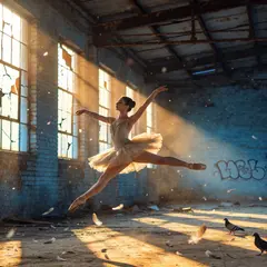 Seedream v4.5 — A ballet dancer mid-leap in an abandoned warehouse