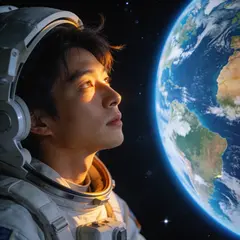 Seedream v4.5 — An astronaut without a helmet, face lit by Earth g