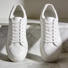 Seedream v4.5 — A pair of white leather sneakers on a marble count