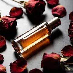 Seedream v4.5 — A bottle of amber perfume on a bed of dried roses,