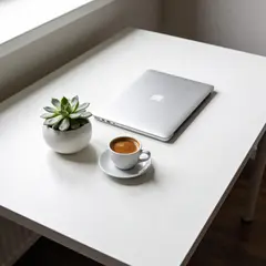 Seedream v4.5 — A sleek laptop on a clean white desk with a potted