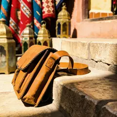 Seedream v4.5 — A leather messenger bag on a sun-dappled step in a