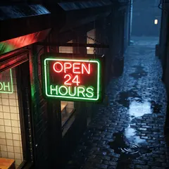 Seedream v4.5 — A glowing neon sign reading OPEN 24 HOURS in a dar