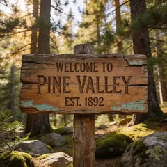 Seedream v4.5 — A weathered wooden sign reading WELCOME TO PINE VA