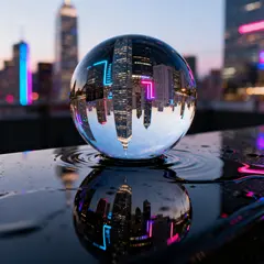 Seedream v4 — A glass sphere refracting a distorted cityscape, s