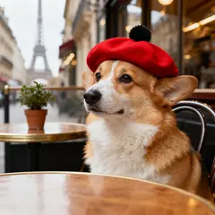 Seedream v4 — A corgi wearing a red beret sitting in a Parisian 