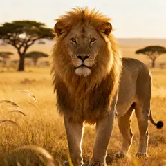 Seedream v4 — A majestic lion with a full mane, golden savanna b