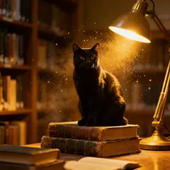 Seedream v4 — A black cat sitting on a stack of old books in a c