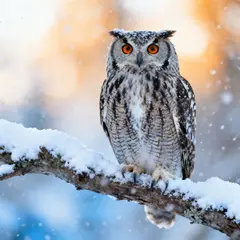 Seedream v4 — An owl perched on a snow-covered branch, intense a