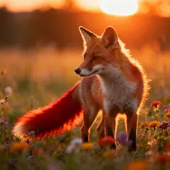 Seedream v4 — A fox in a field of wildflowers, backlit by sunset