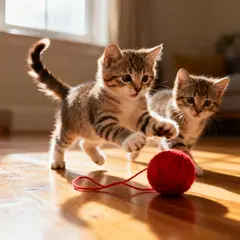 Seedream v4 — Two kittens playing with a ball of red yarn on a h