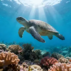 Seedream v4 — A giant sea turtle swimming over a coral reef, und