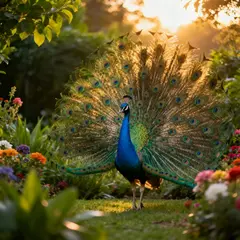 Seedream v4 — A peacock displaying its full tail feathers, vibra