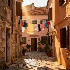 Seedream v4 — A narrow cobblestone alley in Venice with colorful