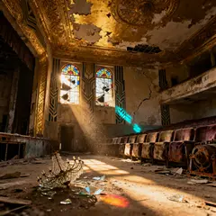 Seedream v4 — An abandoned Art Deco theater with peeling gold pa