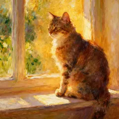 Seedream v4 — A cat sitting on a windowsill, impressionist oil p