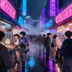 Seedream v4 — A cyberpunk street market in Tokyo, anime style, n