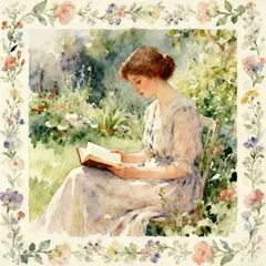 Seedream v4 — A woman reading a book in a garden, watercolor pai
