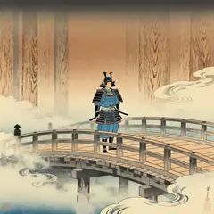 Seedream v4 — A lone samurai standing on a misty bridge, ukiyo-e