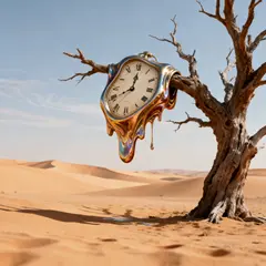 Seedream v4 — A surreal melting clock draped over a barren tree 