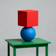 Seedream v4 — A red cube on top of a blue sphere, both sitting o