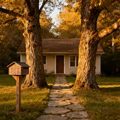 Seedream v4 — A small house between two tall trees, with a path 