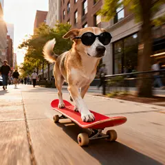 Seedream v4 — A dog wearing sunglasses riding a skateboard down 