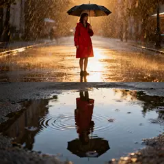 Seedream v4 — A woman holding an umbrella in the rain, reflected