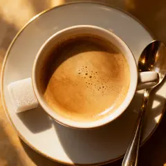 Seedream v4 — A cup of coffee on a saucer, with a spoon to the r