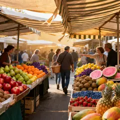 Seedream v4 — A busy farmer's market scene with at least six dif