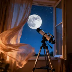 Seedream v4 — A telescope pointing at the moon through an open w