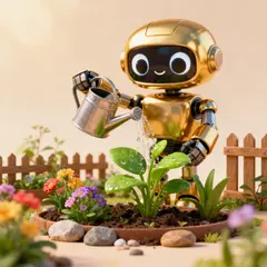 Seedream v4 — A 3D render of a cute robot watering plants in a m