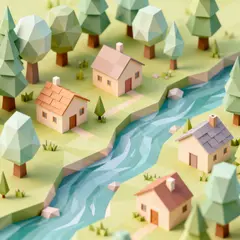 Seedream v4 — An isometric low-poly village with tiny houses, tr
