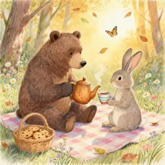 Seedream v4 — A children's book illustration of a bear and a rab