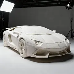 Seedream v4 — A clay render of a sports car, white material, stu