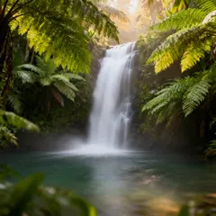 Seedream v4 — A waterfall cascading into a tropical pool surroun