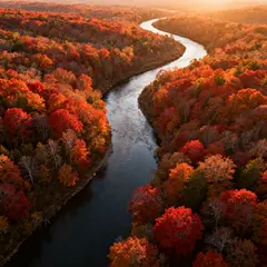 Seedream v4 — An aerial view of a winding river through autumn f