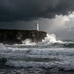 Seedream v4 — A coastal cliff with crashing waves below, lightho