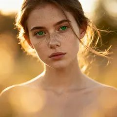 Seedream v4 — A young woman with freckles and green eyes, golden
