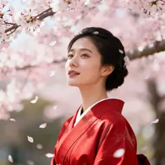 Seedream v4 — A Japanese woman in a red kimono standing under ch