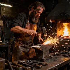 Seedream v4 — A bearded blacksmith in a dark workshop, sparks fl