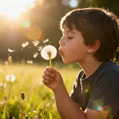 Seedream v4 — A child blowing dandelion seeds in a sunlit meadow