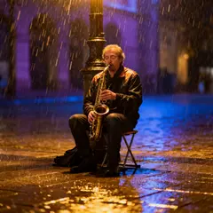 Seedream v4 — A street musician playing saxophone under a lamppo