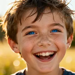 Seedream v4 — A freckled boy with bright blue eyes and messy hai