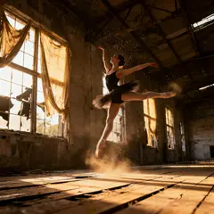 Seedream v4 — A ballet dancer mid-leap in an abandoned warehouse